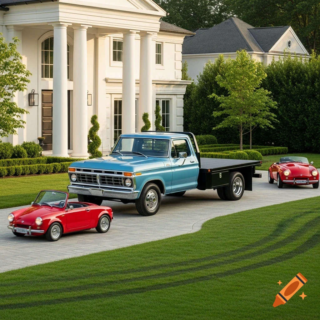 A light blue 1976 Ford F-150 flatbed truck is parked across the driveway of a white mansion, with a small red convertible driving on the paved path beside it, over a lush green lawn.