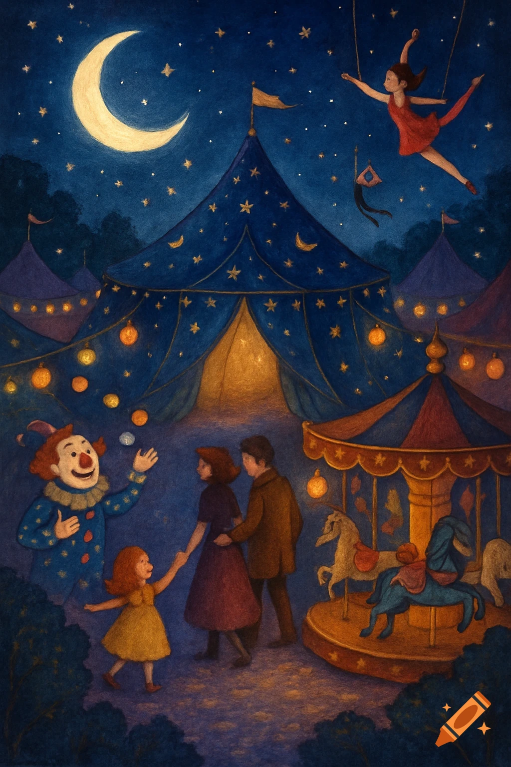 Whimsical children's book illustration of a night circus with a clown, trapeze artist, carousel, and illuminated tents under a crescent moon.