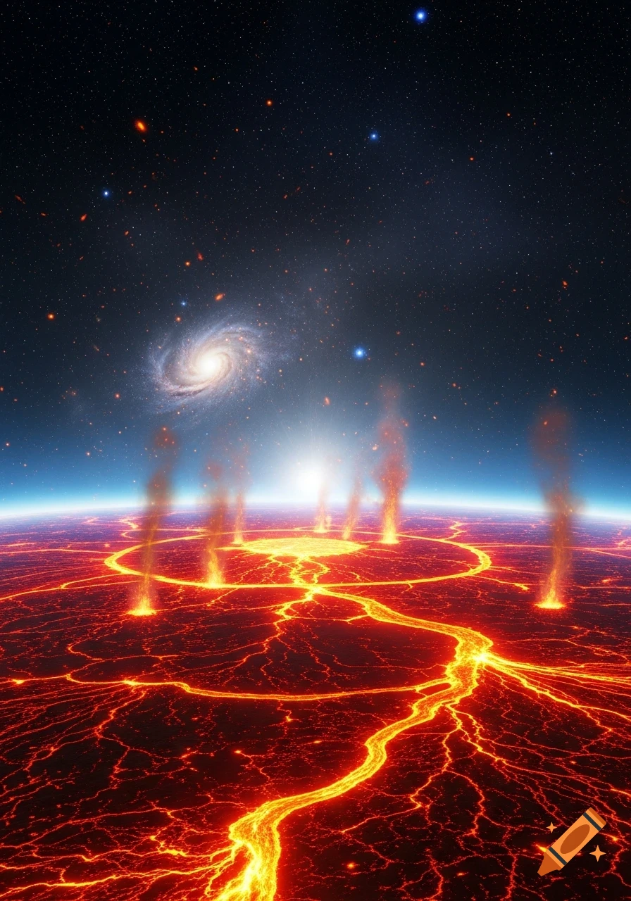 A fiery lava planet with glowing cracks, multiple eruptions, and a prominent spiral galaxy in the starry night sky.