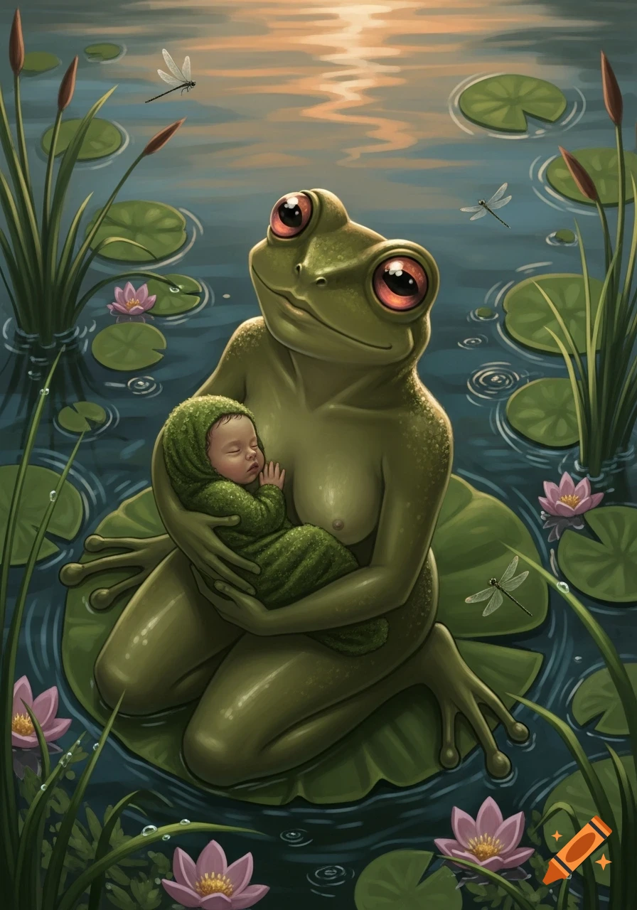 Illustrated fantasy art of a frog-like mother gently holding a sleeping baby on a lily pad in a pond.