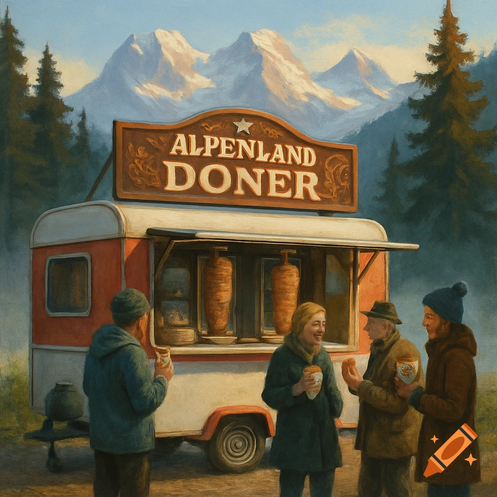 Painterly image of people eating döner next to an 'Alpenland Doner' food truck, set against snow-capped mountains and pine trees.