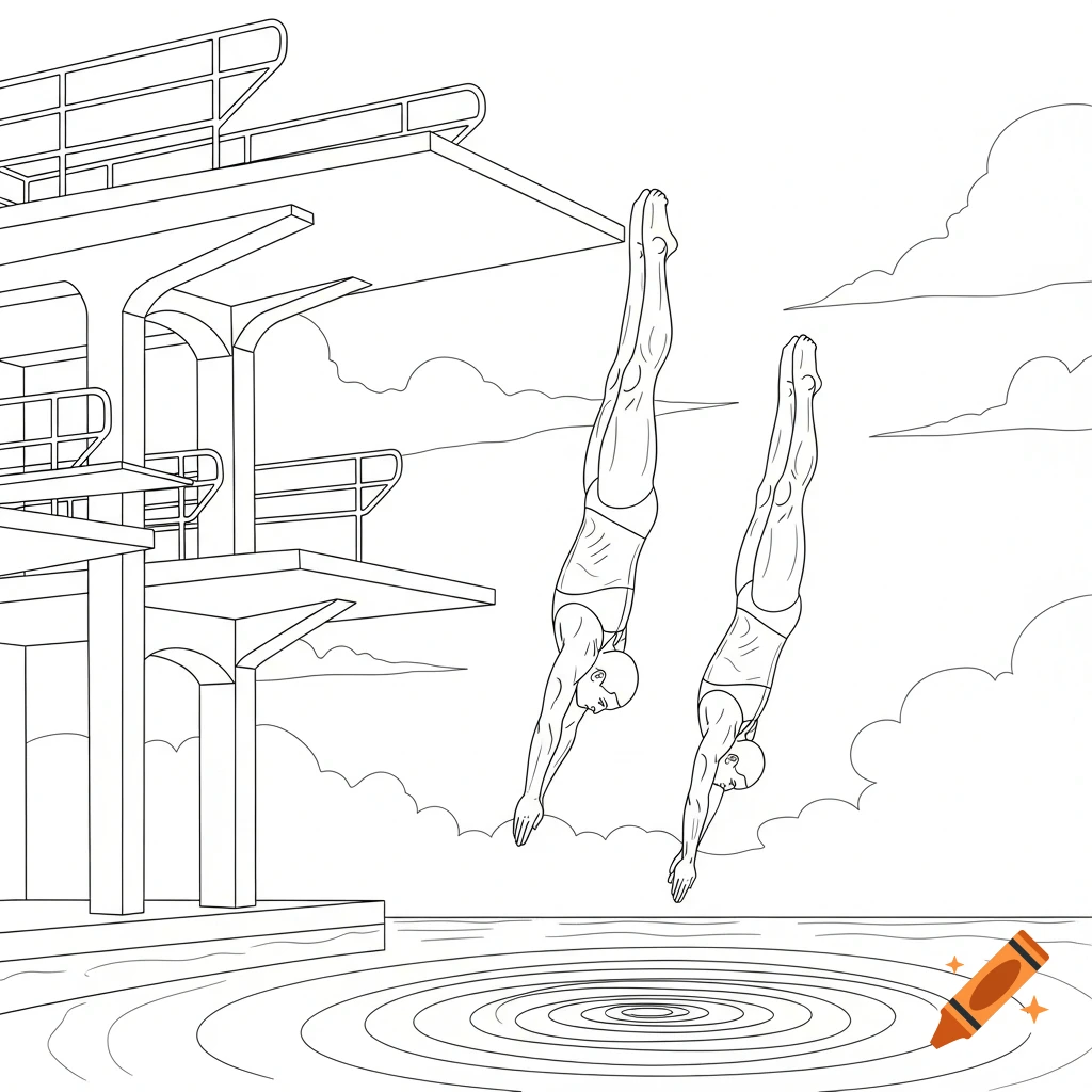 Two professional divers plunge headfirst from a diving platform into a pool, rendered in black and white line art.