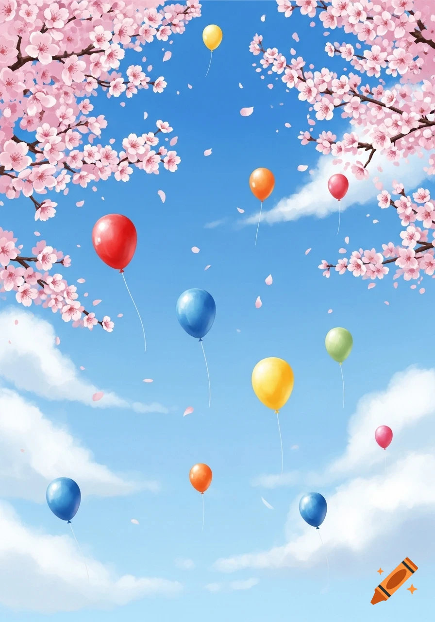 Colorful balloons float among pink cherry blossoms and falling petals against a blue sky with clouds in an illustration.