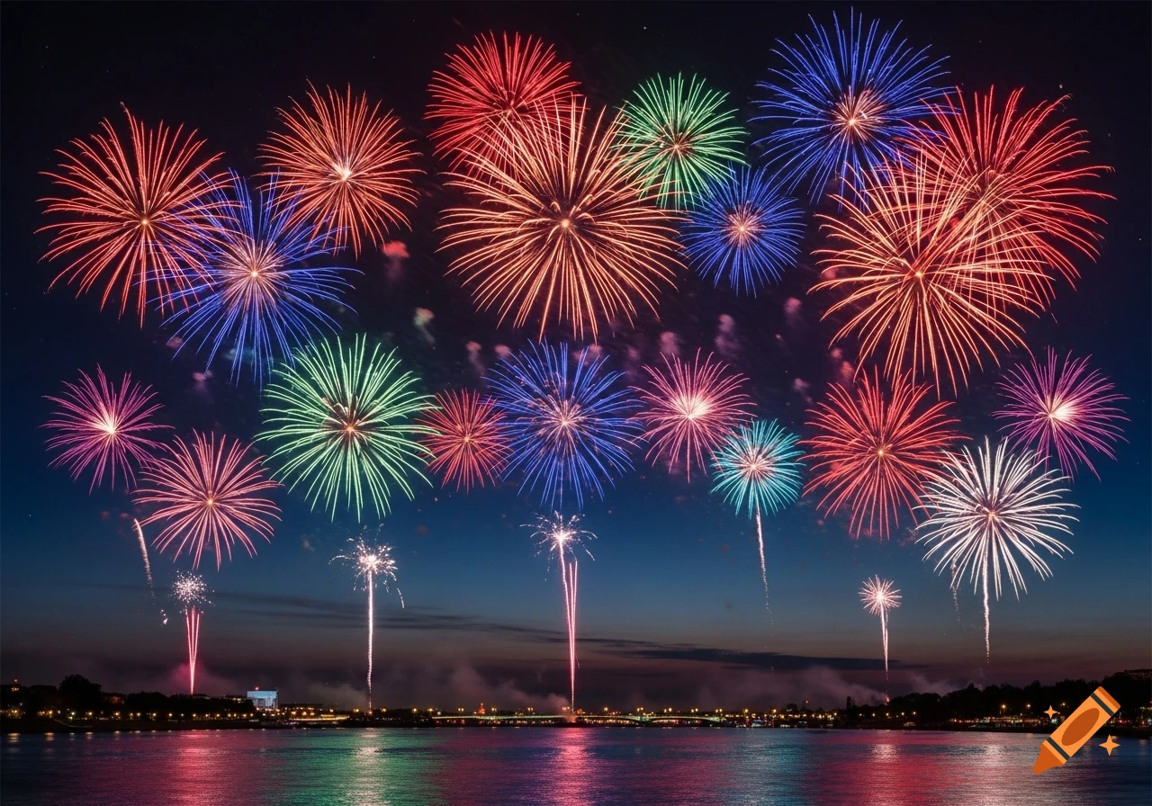Colorful fireworks explode over a city skyline reflected in a body of water at dusk, with red, blue, green, and pink bursts lighting the sky.