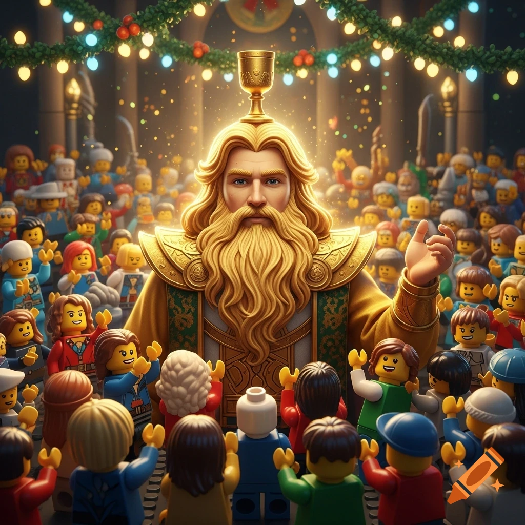 A regal man with long golden hair and beard, wearing a golden robe with a goblet on his head, stands before a cheering crowd of diverse Lego figures under festive lights.