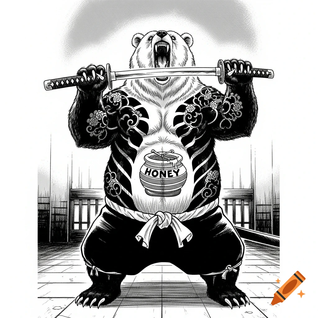 A black and white manga illustration of a roaring, tattooed samurai bear holding a katana, with a honey pot tattoo on its chest.