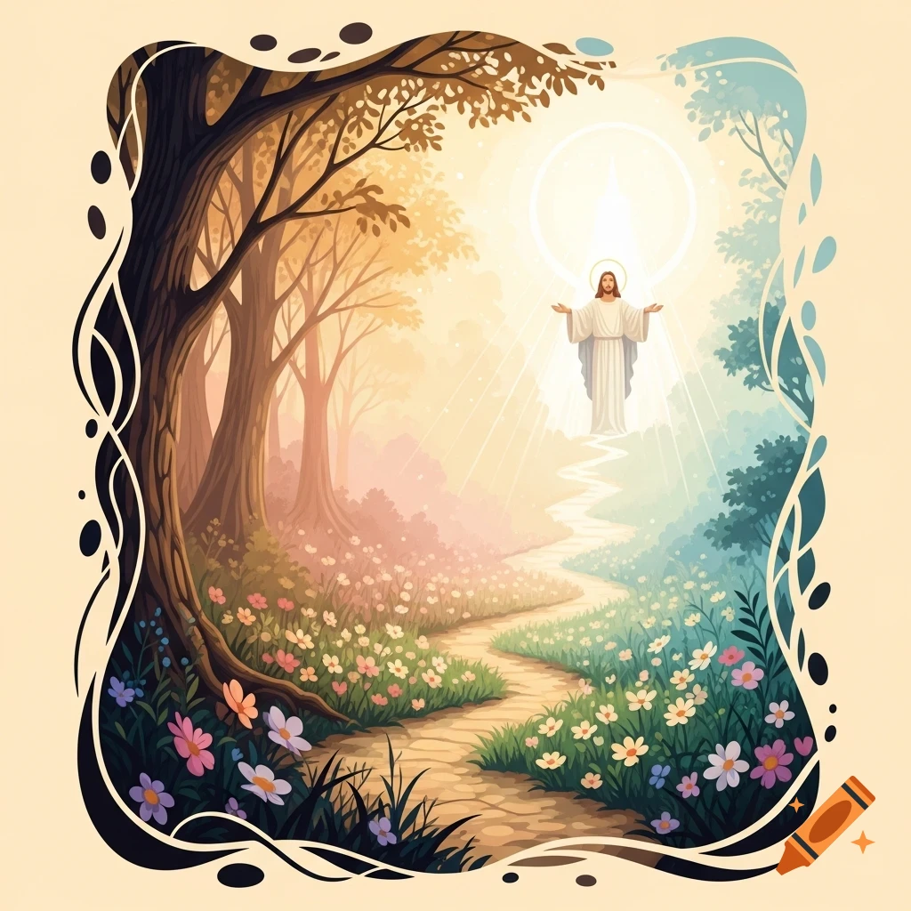 Illustrated Jesus Christ with outstretched arms, glowing amidst a serene, colorful forest path filled with wildflowers.