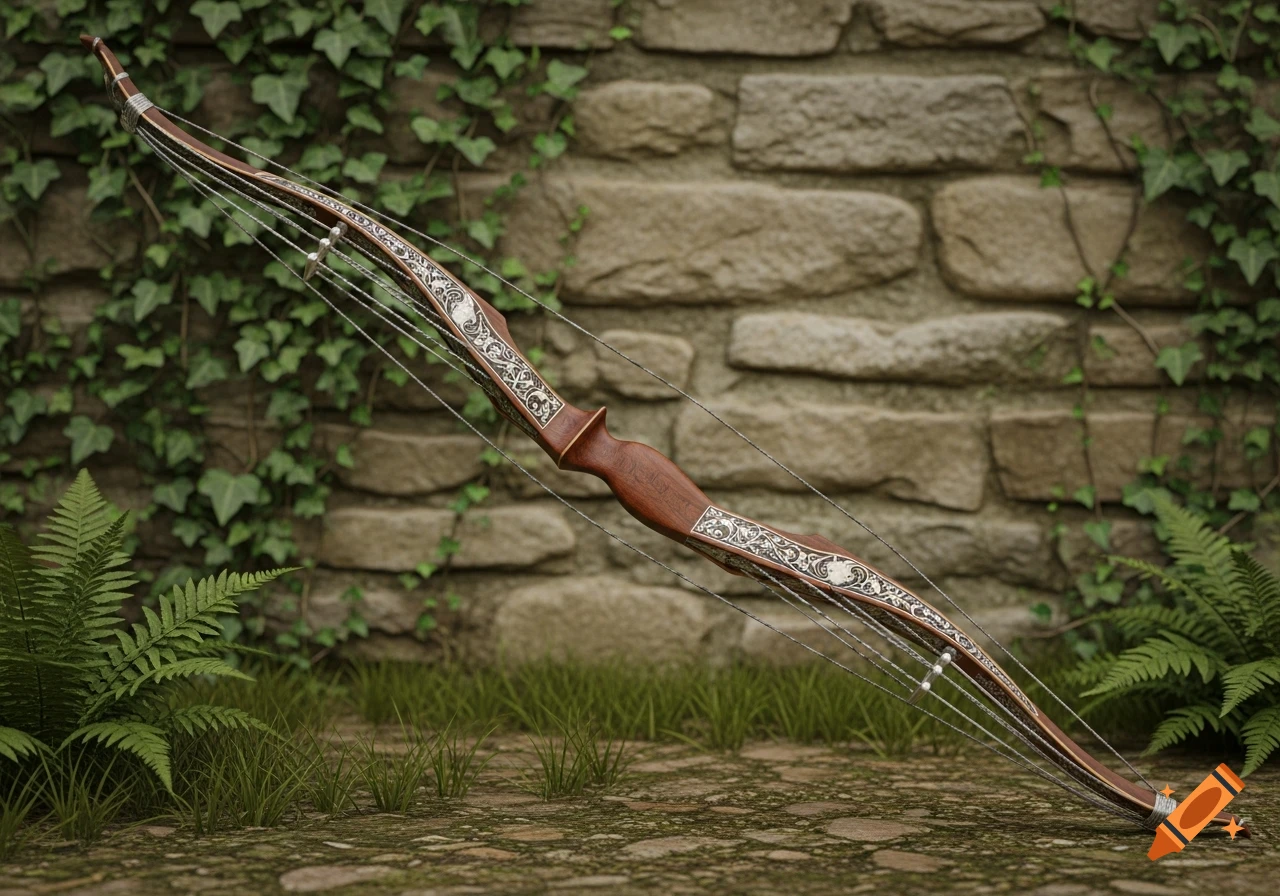 An ornate, multiple-stringed archery bow made of dark wood with silver-white carvings, resting on mossy ground in front of an ivy-covered stone wall.