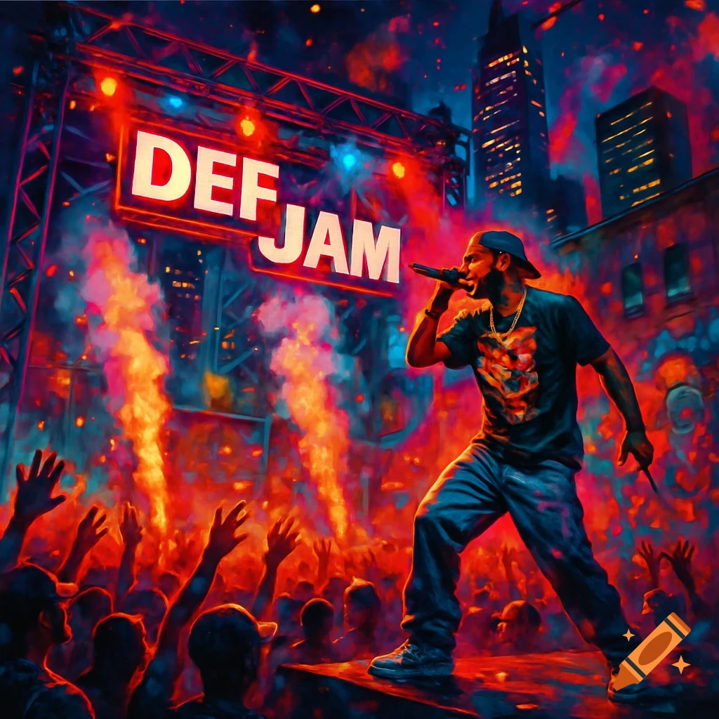 A vibrant, stylized illustration of a rapper performing on stage under a glowing "DEF JAM" sign, with a cheering crowd and colorful smoke.