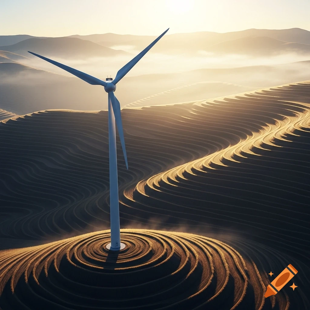 An aerial view of a tall wind turbine standing on a hill with sculpted, terraced fields at sunrise, under a misty, golden sky.