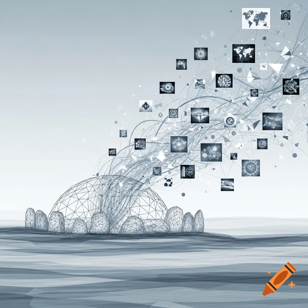 Abstract grey illustration of a mesh-rendered barrow with data streams and diverse information icons floating above, on a wavy landscape.