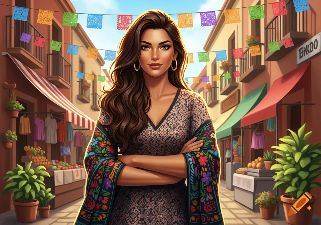 A confident Latina woman in a patterned dress stands with crossed arms in a vibrant, colorful street market, digital illustration.
