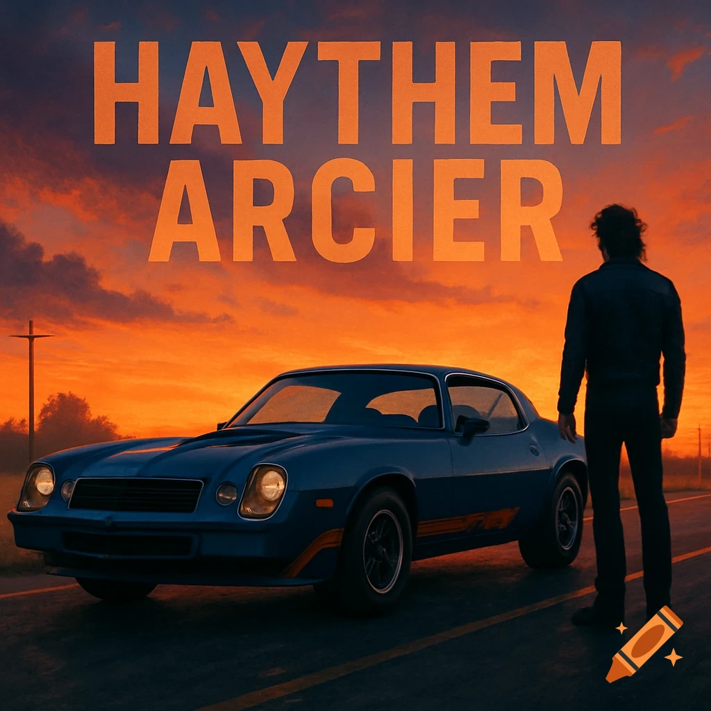 Man in a black jacket stands beside a blue classic car on a road at sunset, with "HAYTHEM ARCIER" above.
