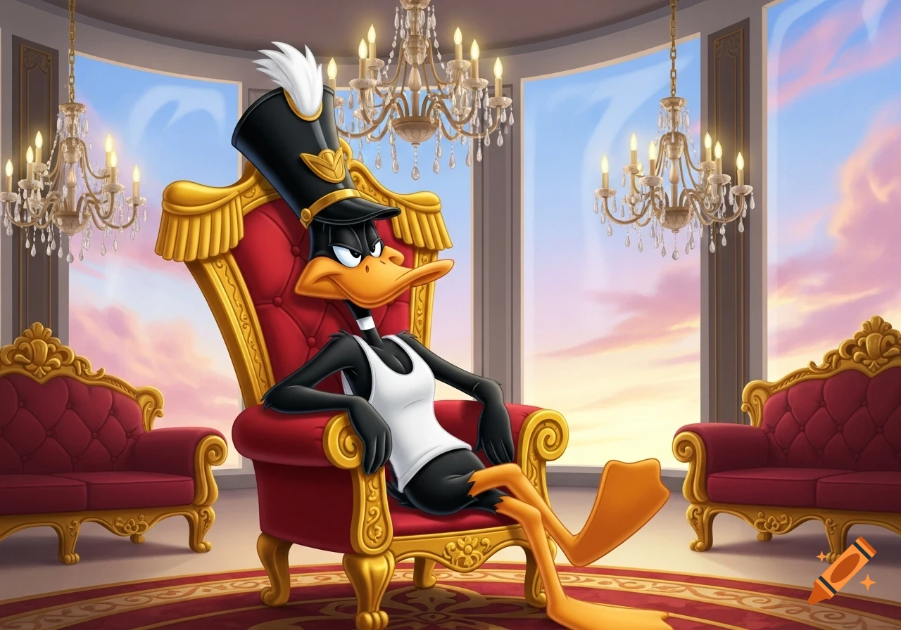 Cartoon Daffy Duck in a tank top and general hat, relaxing proudly on a red and gold throne in a luxury room with a panoramic sky view.