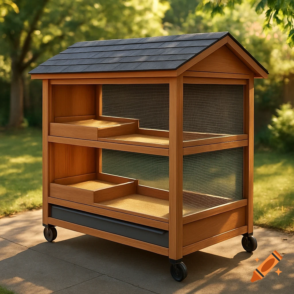 A wooden quail hutch with a dark shingle roof, two tiers with sandbox areas and mesh ventilation, wheels for mobility, and a dark drop tray, sitting on a paved path in a sunny backyard.