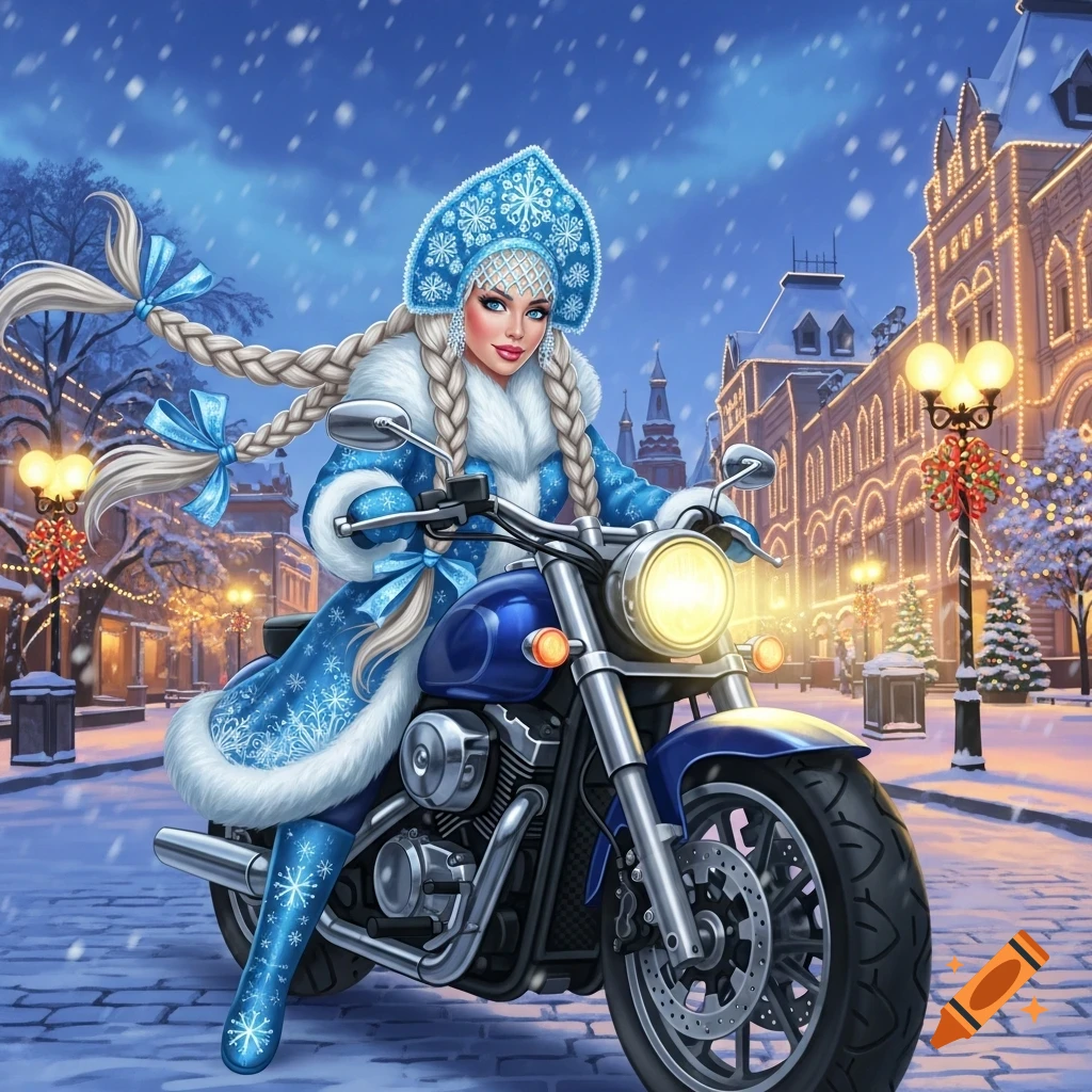 A Snegurochka (Snow Maiden) in a blue, fur-trimmed costume and kokoshnik rides a motorcycle on a snowy, festive city street at night.