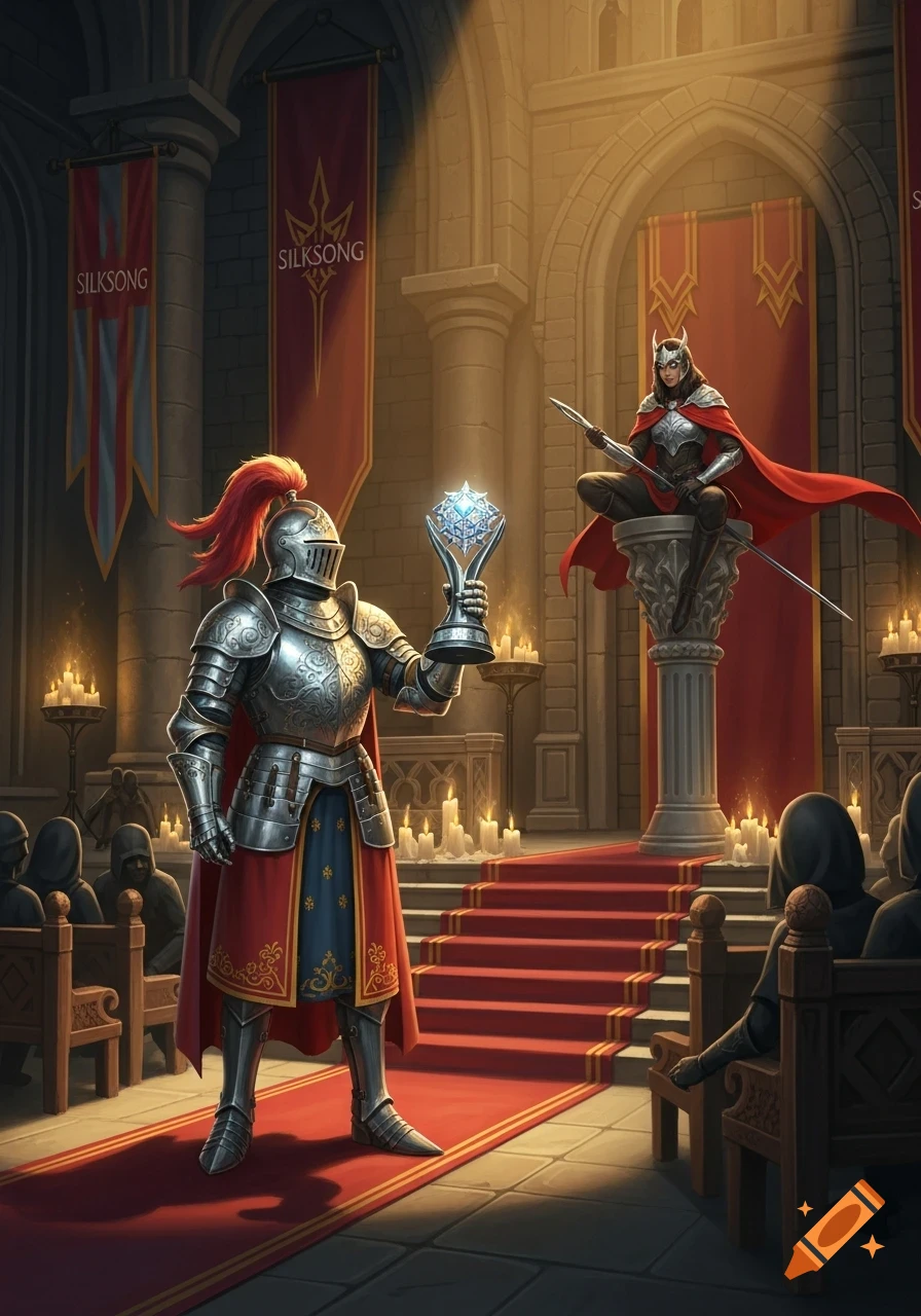 Knight in shining armor holds an award in a grand hall with 'SILKSONG' banners, facing a warrior woman on a pedestal.
