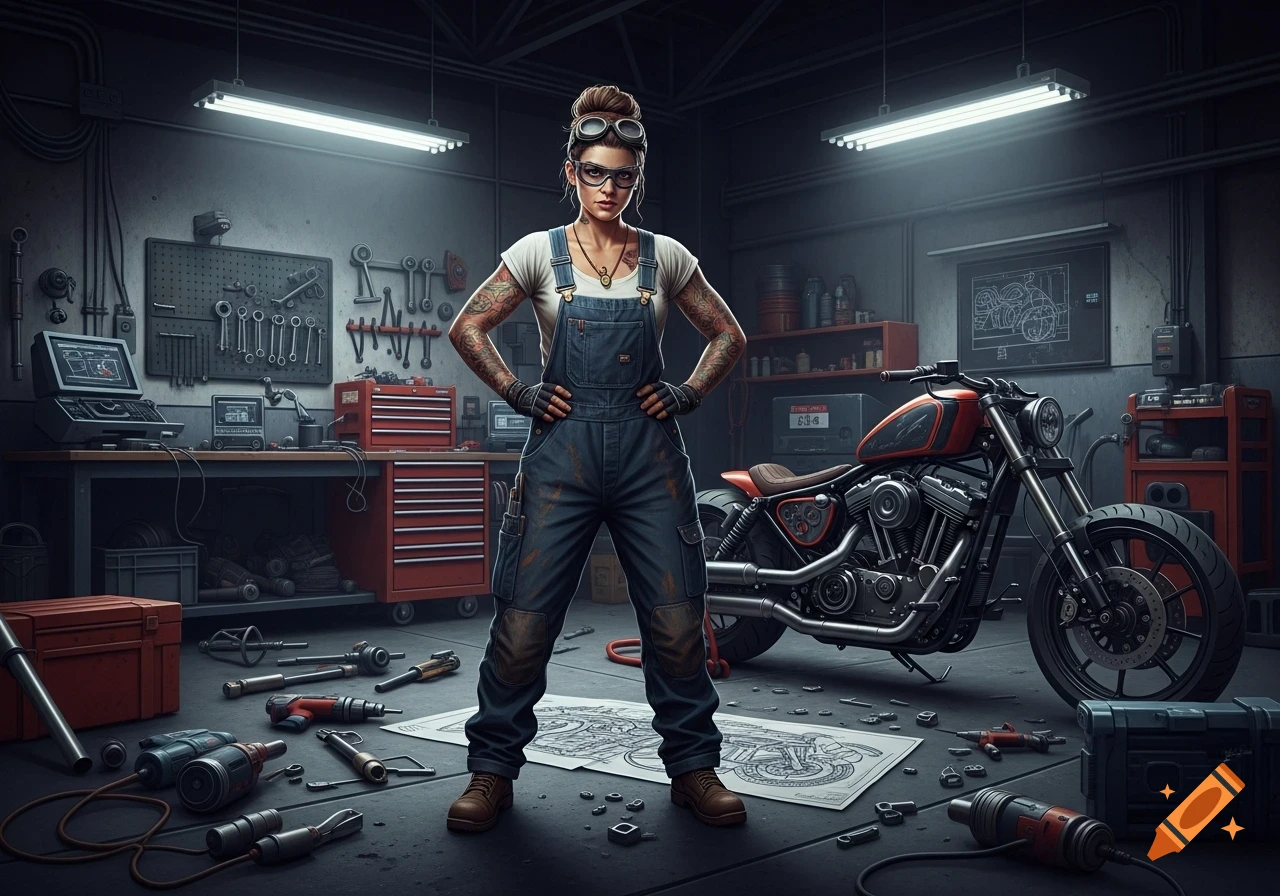 A female mechanic with tattoos, goggles, and overalls stands confidently in a well-lit garage with a motorcycle and tools.