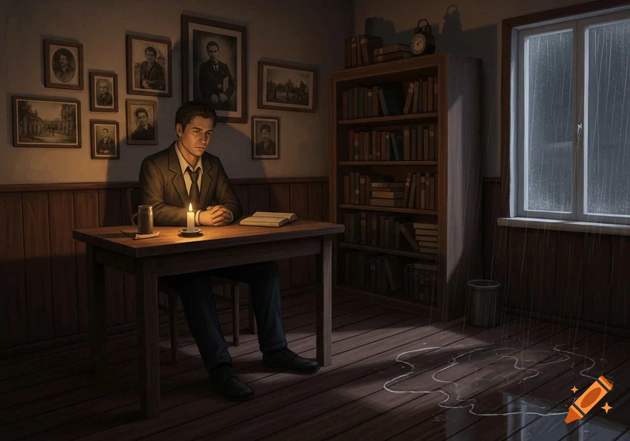A sad man sits by candlelight at a wooden desk in a dimly lit room with rain visible through a window, surrounded by portraits and bookshelves.