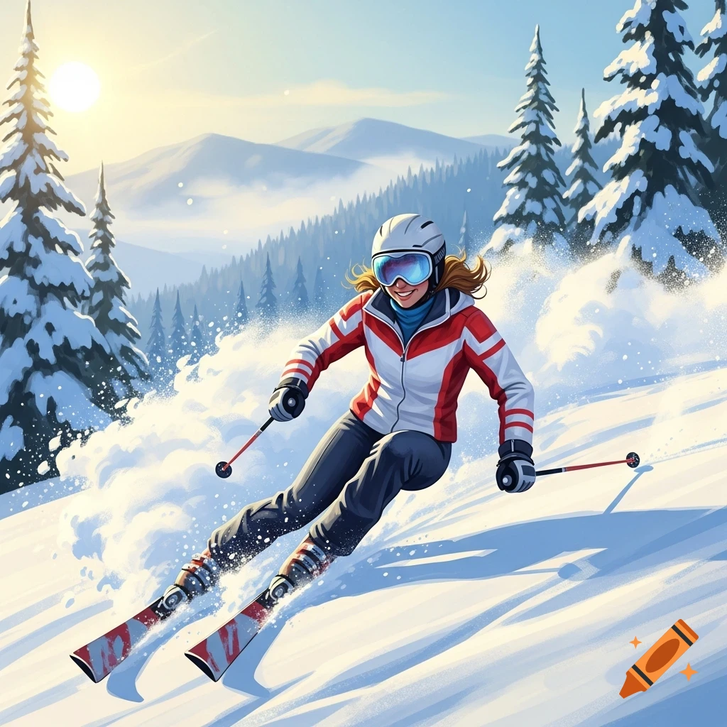 A smiling woman in a red and white ski jacket, helmet, and goggles skis down a snowy mountain slope with pine trees under a bright sun.
