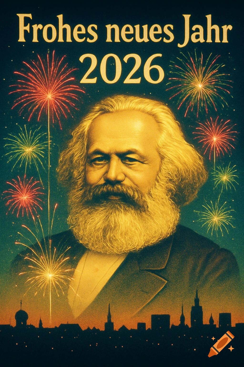 A vintage-style New Year's greeting card featuring Karl Marx's portrait with 'Frohes neues Jahr 2026' text, fireworks, and a city skyline.
