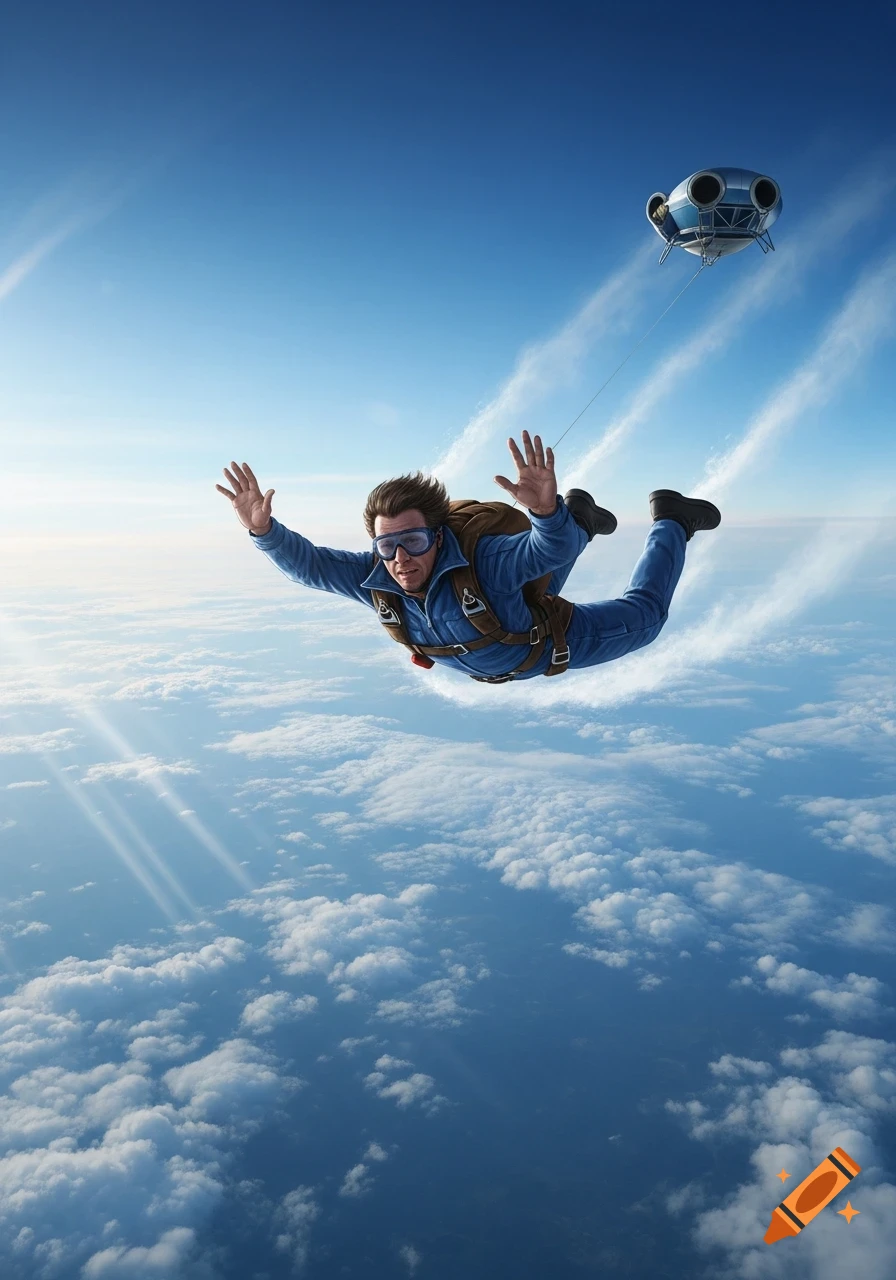 A man in a blue jumpsuit and goggles skydiving above clouds, connected by a line to a futuristic capsule, in a digital art style.
