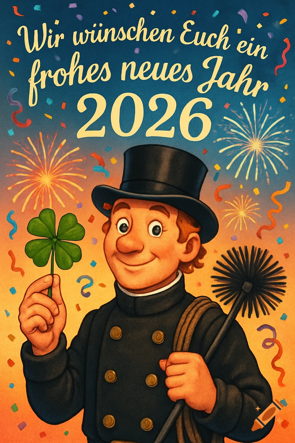 A cartoon chimney sweep in a top hat holds a four-leaf clover, against a New Year's fireworks background with German text.