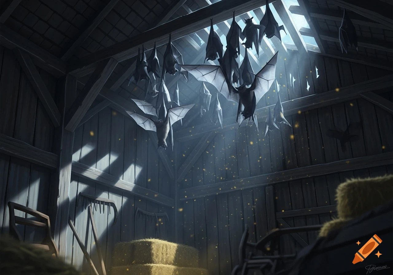 Several bats hang from the ceiling in a dimly lit barn with sunlight streaming through the roof and dust motes.