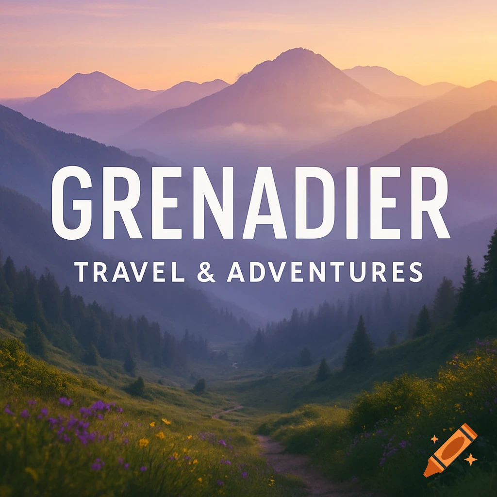 A serene mountain valley with a winding path and wildflowers, under a soft sunset sky, with the text "GRENADIER TRAVEL & ADVENTURES" overlaid.