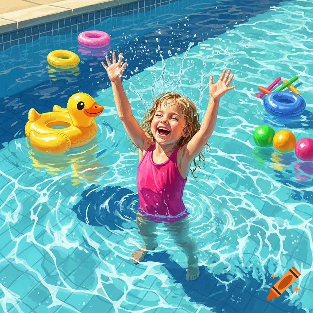A happy little girl with arms raised, splashing water in a vibrant swimming pool with inflatable toys.