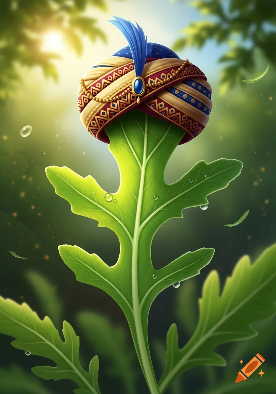 A vibrant green arugula leaf wears an ornate gold and blue turban like a hat, set against a bright, sunlit forest background with water droplets.