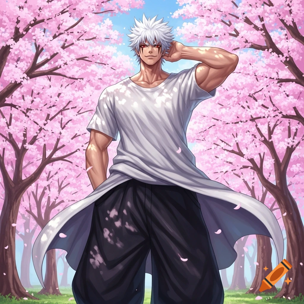Anime male character with white spiky hair and red eyes, wearing a white t-shirt and baggy black shorts, standing amidst pink cherry blossom trees.