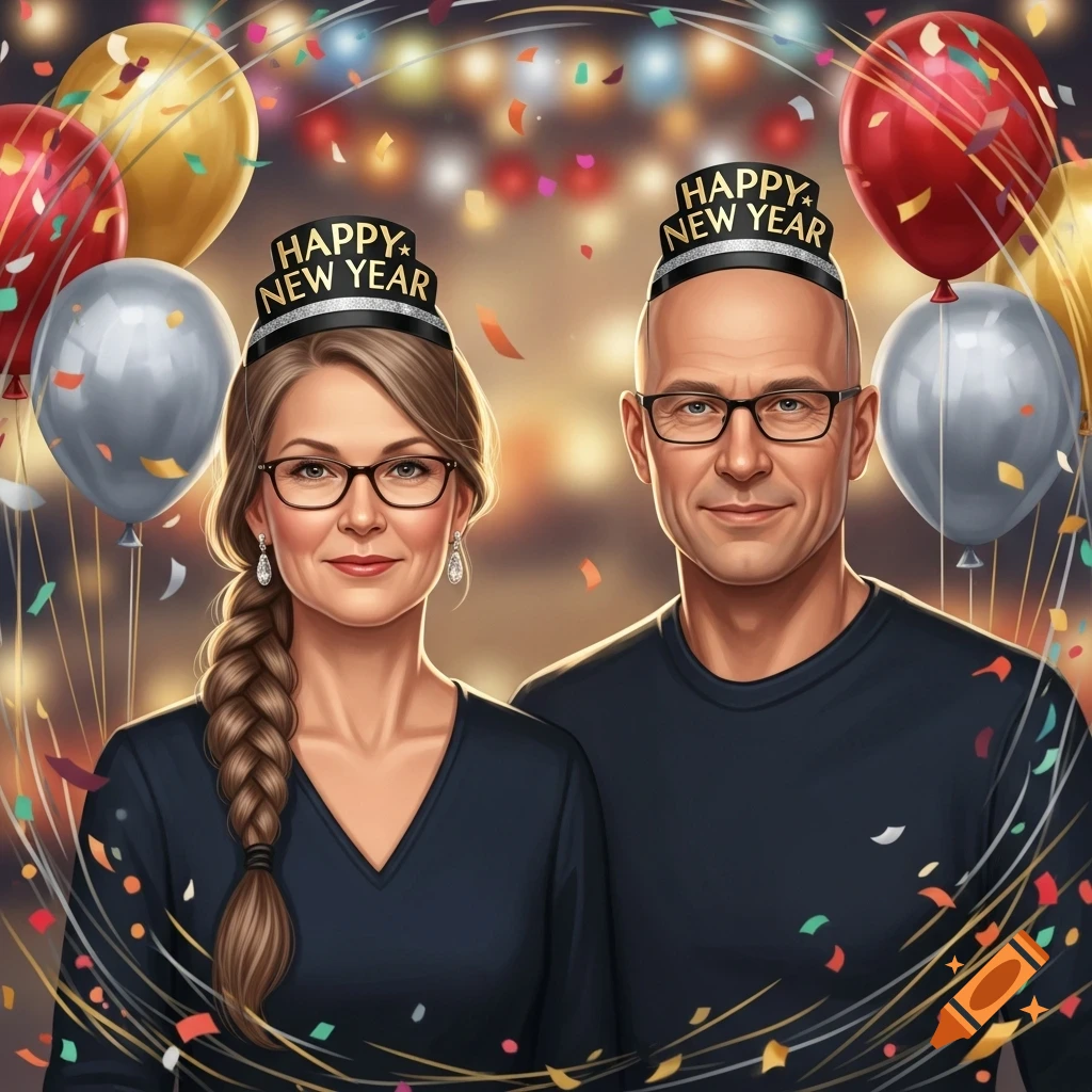 Digital art of a middle-aged couple wearing Happy New Year hats, surrounded by balloons and confetti.