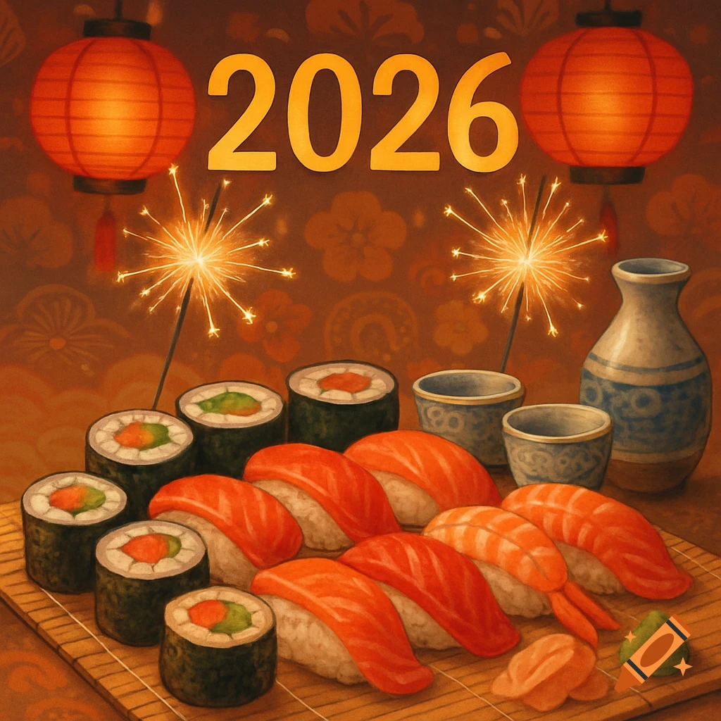 A festive Japanese New Year illustration with '2026' above sushi, sparklers, and lanterns.