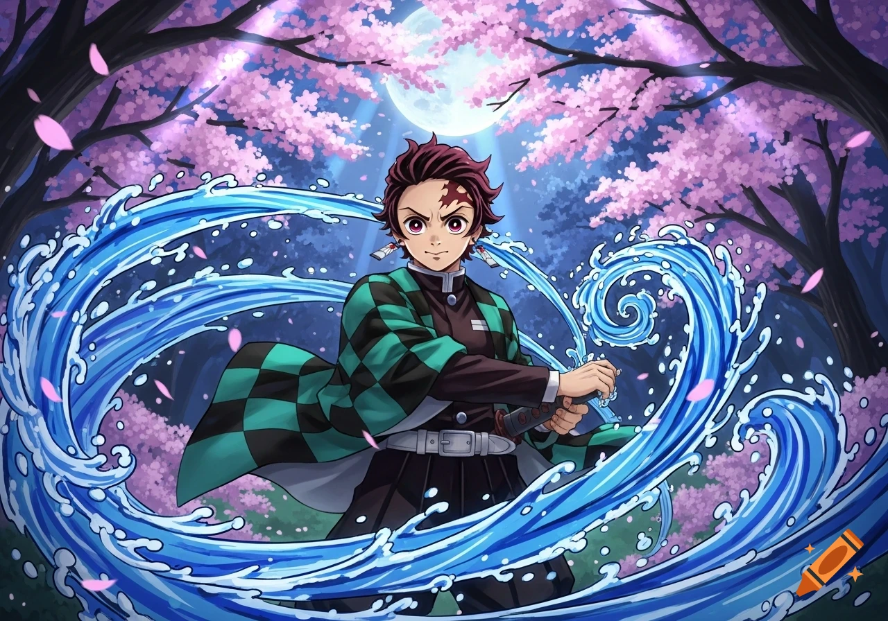 An anime boy with a scar, wearing a green and black checkered haori, wielding a sword amidst swirling blue water effects. Cherry blossom trees and a full moon are in the background.