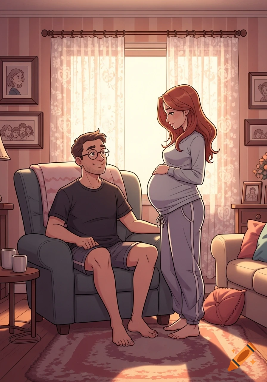 An animated man sits in an armchair, smiling at his pregnant wife with red hair, who stands beside him in a cozy living room.