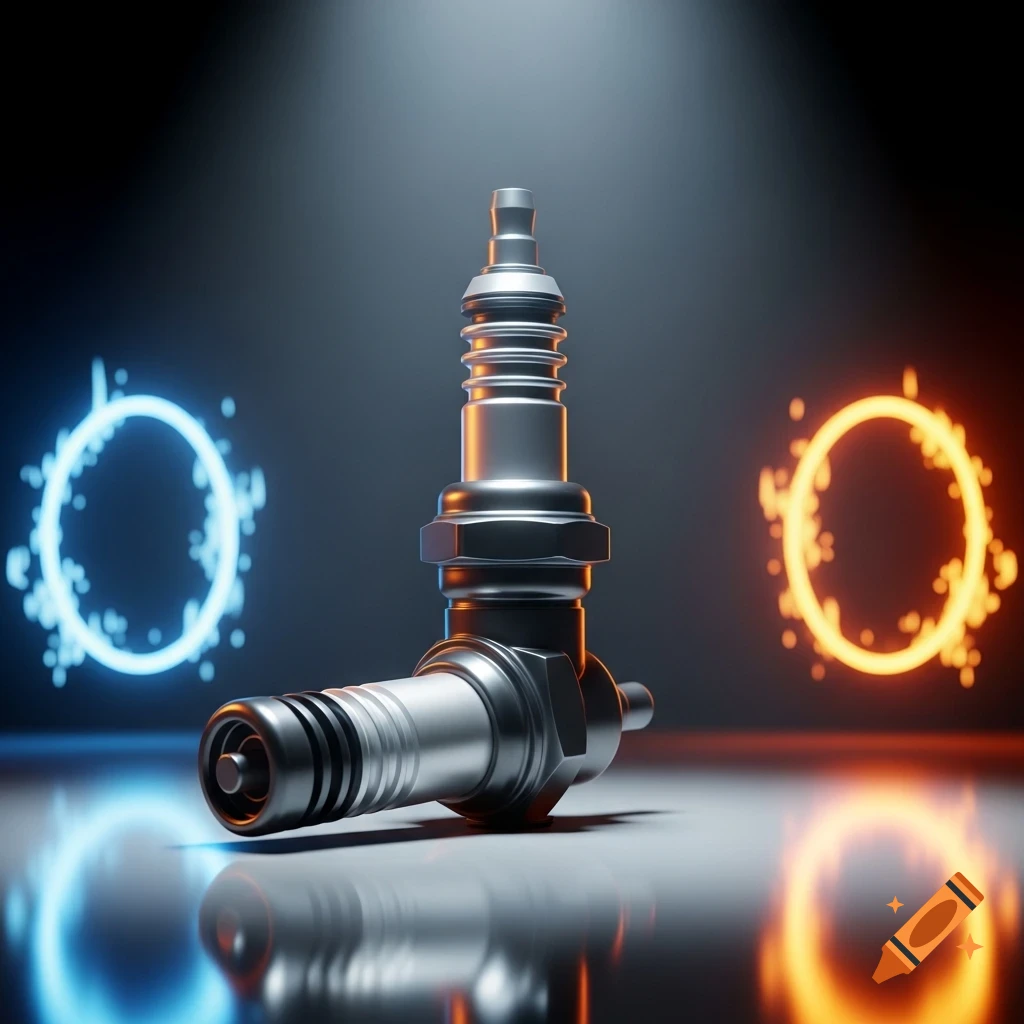 Two metallic engine spark plugs, one standing and one lying, on a reflective surface with glowing blue and orange rings in the background.