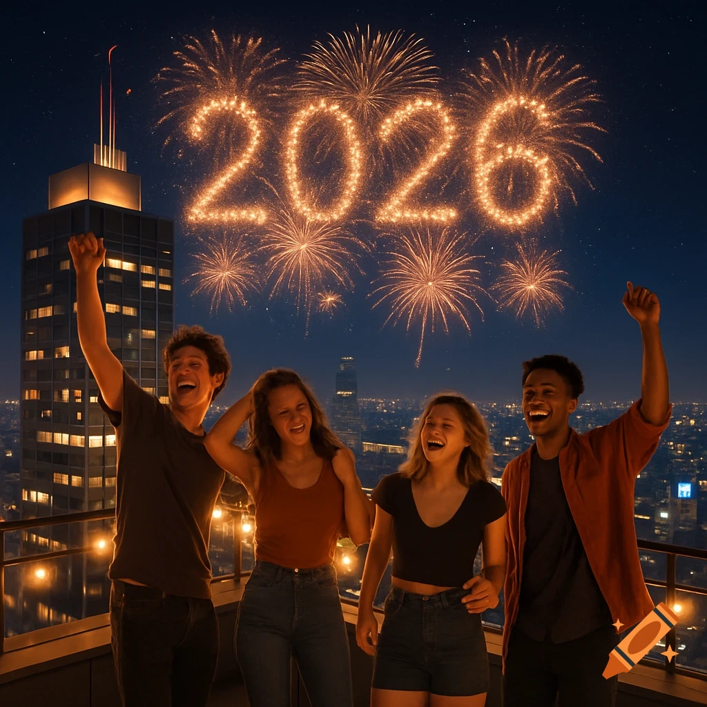 Four young people celebrate on a city rooftop at night, with fireworks forming '2026' above them and city lights below.