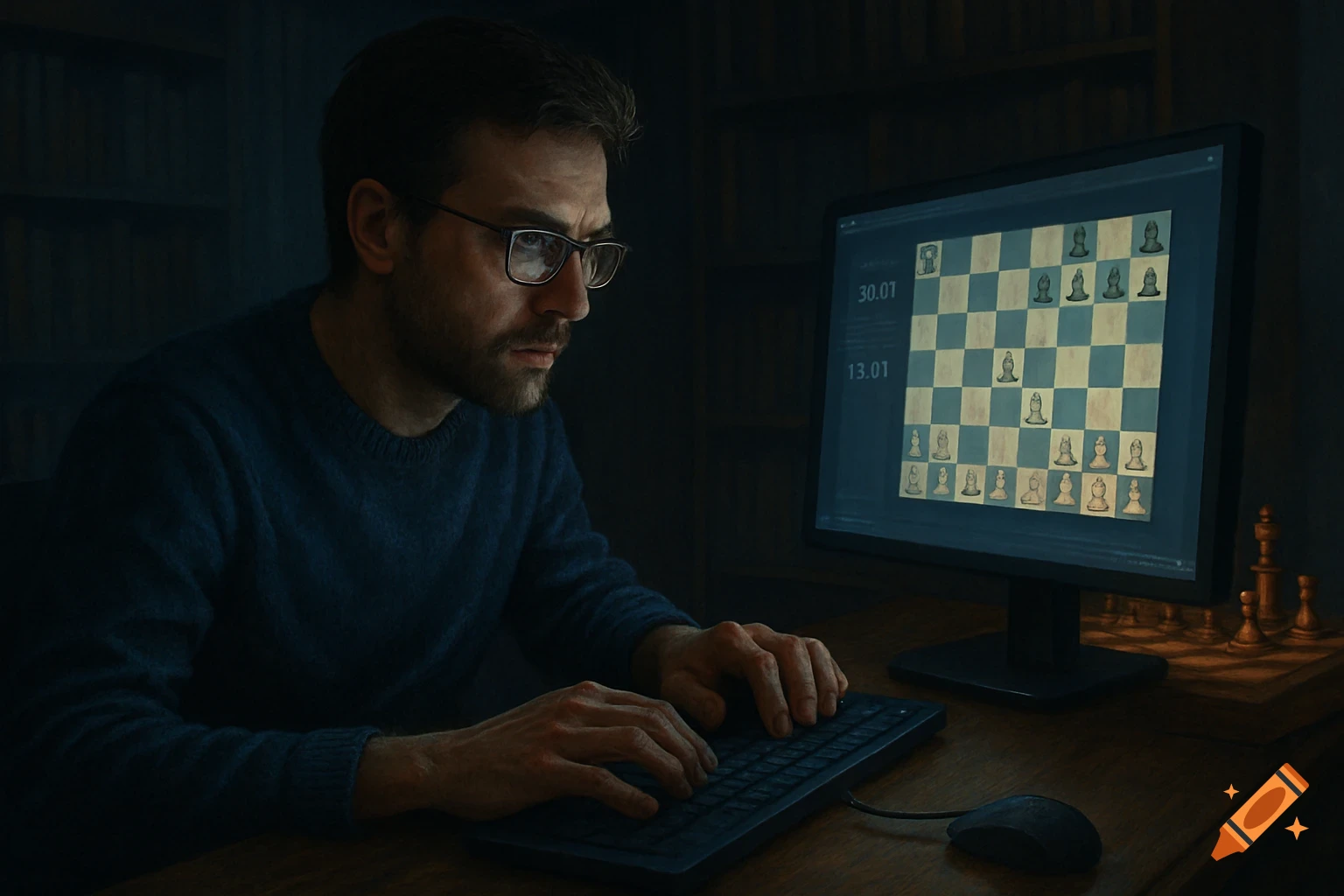 A man with glasses plays online chess on a computer in a dimly lit room, focusing intently on the screen.