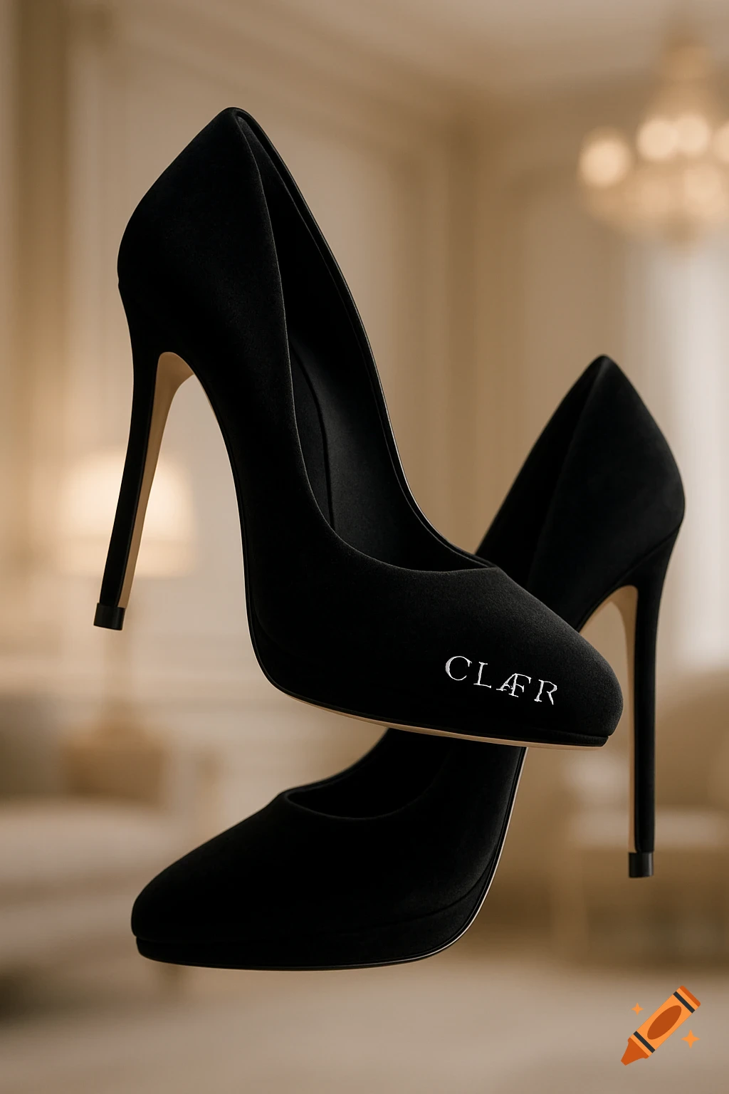 Two black velvet high heels with off-white soles float in front of a blurry, elegant background suggesting a luxury suite. The text "CLÆR" is written in silver on the side of one shoe.
