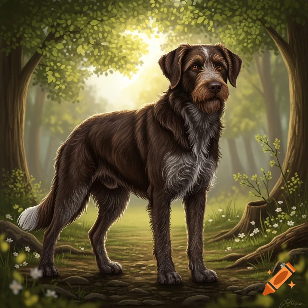 A shaggy brown and white dog stands on a forest path, surrounded by sun-dappled trees and green foliage in a digital art style.