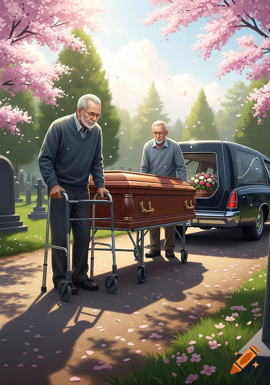 Two elderly men in sweaters transport a wooden coffin on a cart past a hearse, surrounded by pink cherry blossom trees and gravestones in a bright cemetery.