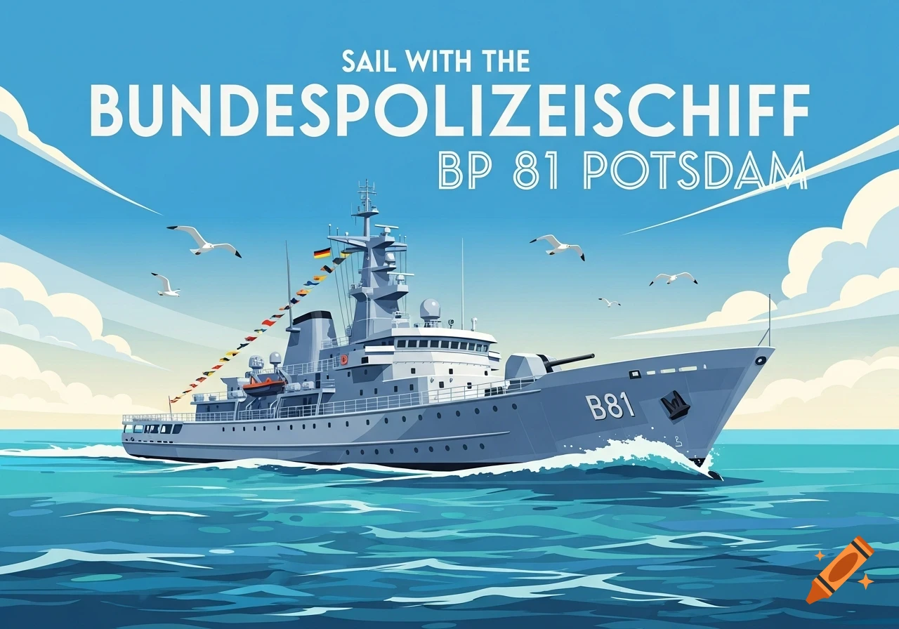 Poster-style illustration of the grey Bundespolizeischiff BP 81 Potsdam sailing on blue water. Text reads 'SAIL WITH THE Bundespolizeischiff BP 81 Potsdam'.