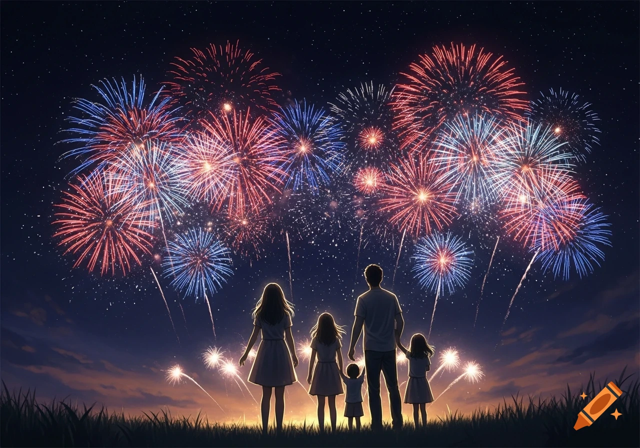 A silhouetted family of five watches vibrant fireworks explode against a starry night sky from a grassy hill in a digital art style.