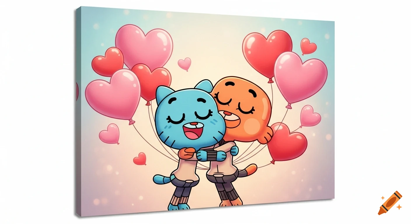 Gumball and Darwin Watterson from The Amazing World of Gumball hugging, surrounded by pink and red heart balloons.