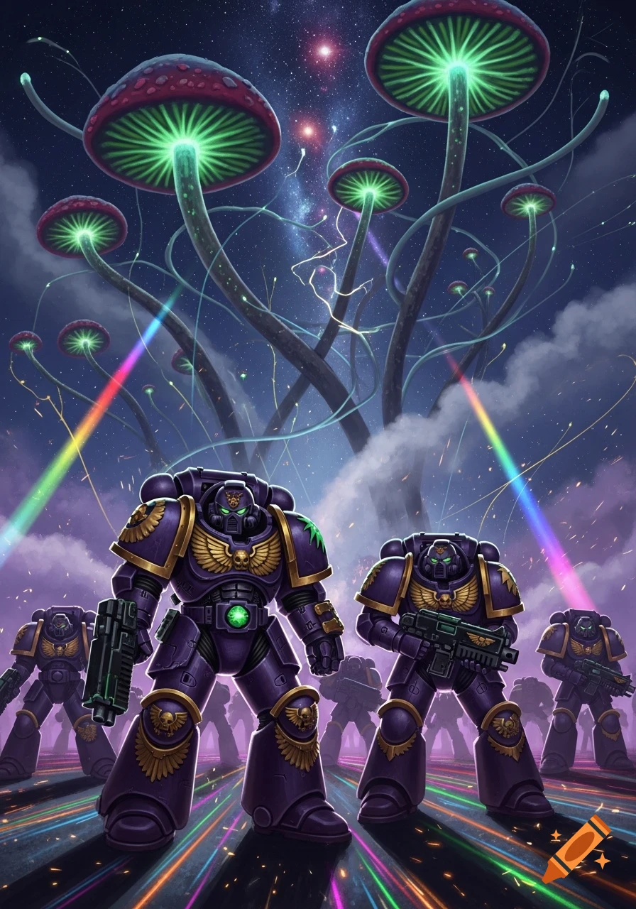Space Marines stand on a ground of rainbow light trails under a cosmic sky with glowing, stylized mushrooms.