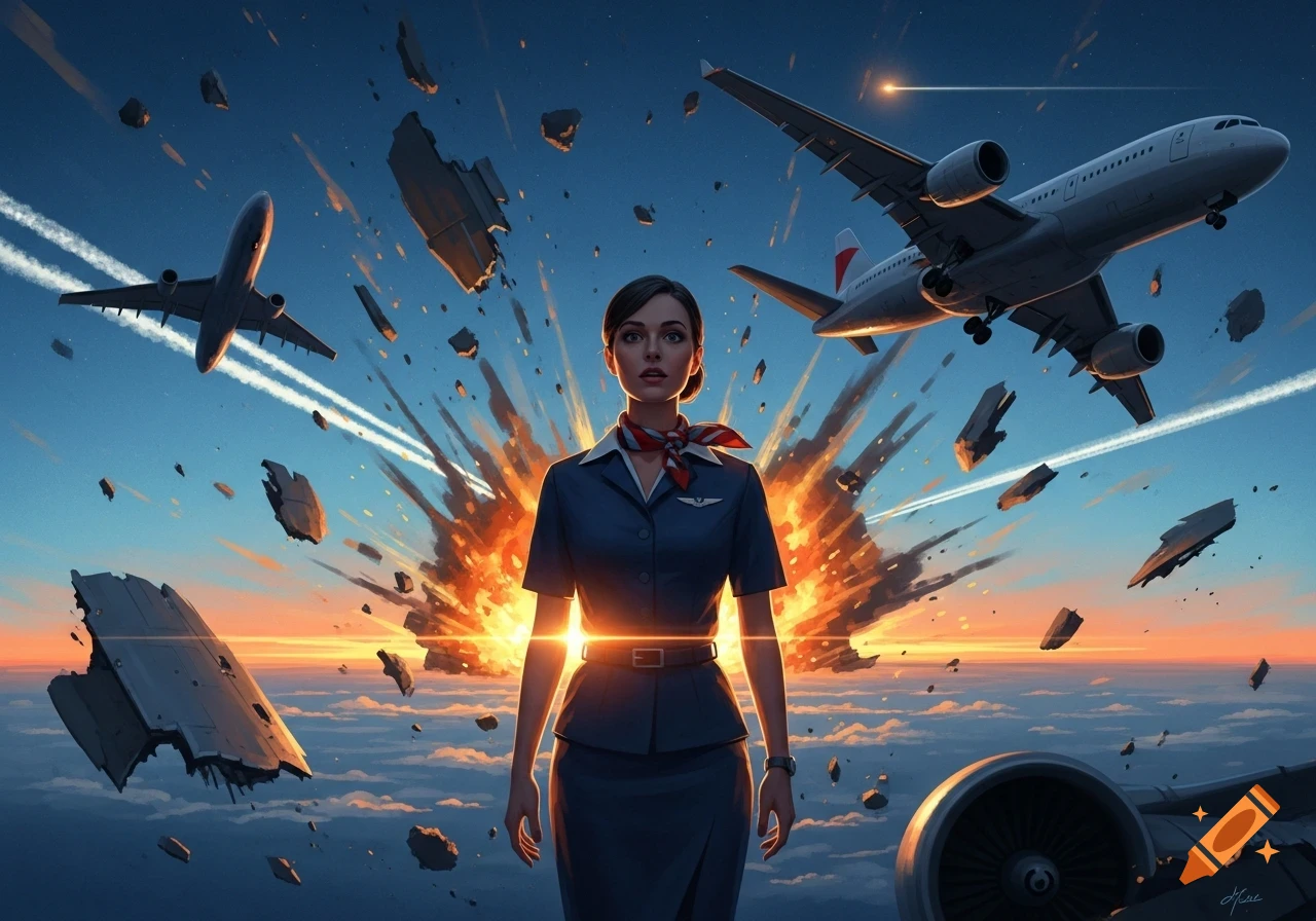 A flight attendant stands amidst a dramatic airplane explosion and debris in the sky at sunset, with other planes flying.
