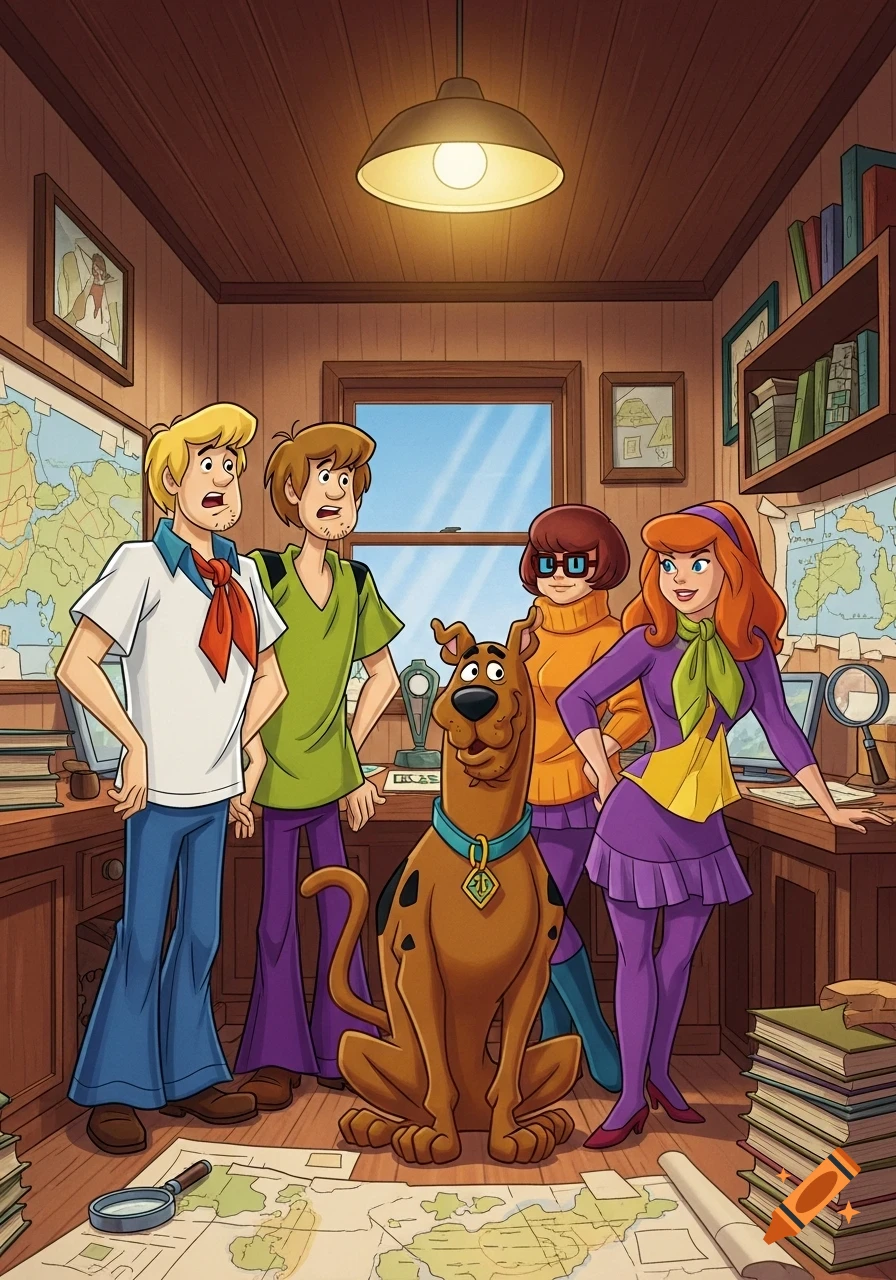 Scooby-Doo gang, Fred, Shaggy, Velma, Daphne, and Scooby, in a cartoon detective office with maps. Fred and Shaggy have open mouths.