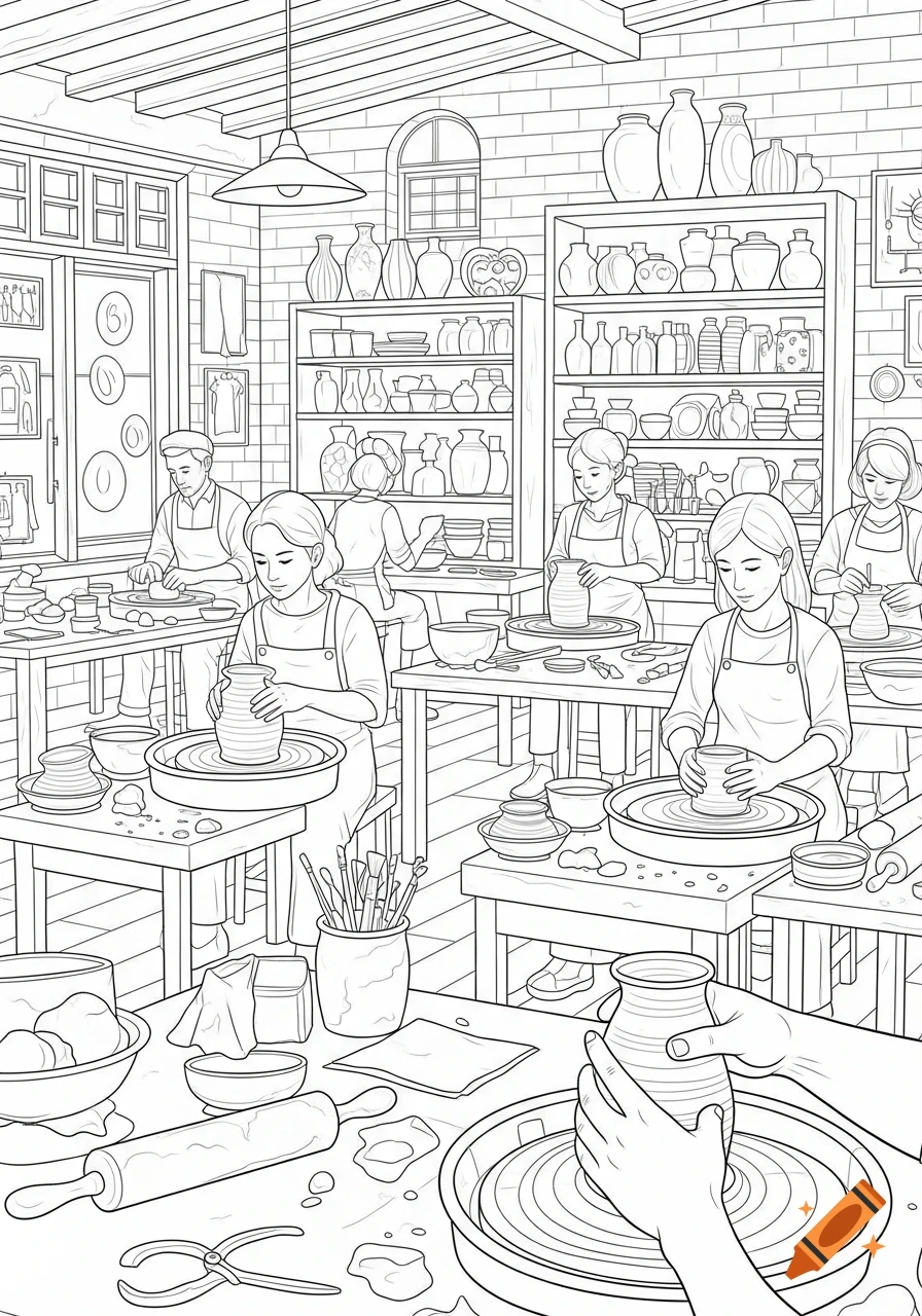 Black and white line art coloring page of a busy ceramics studio with people shaping clay on pottery wheels, surrounded by shelves of pots and tools.