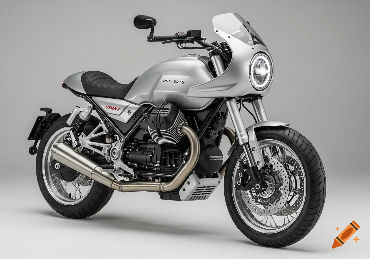 Photorealistic image of a silver Moto Guzzi motorcycle with a round LED headlight, minimalist windscreen, and cafe racer styling on a neutral background.